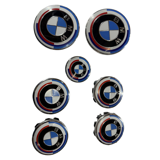 BMW 7-Piece Replacement Logo Emblem Kit | Front, Rear & Wheel Cap Badge Set