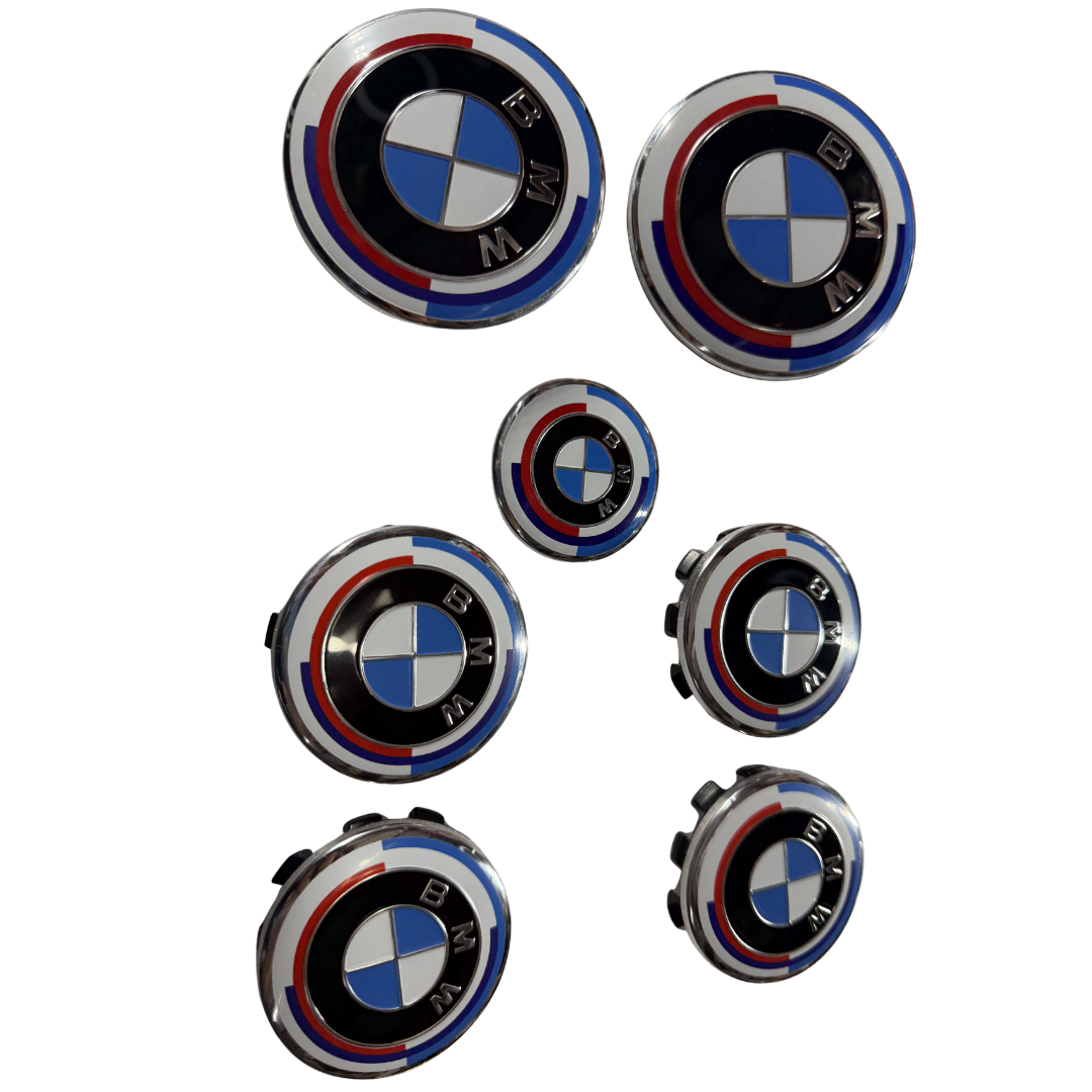 BMW 7-Piece Replacement Logo Emblem Kit | Front, Rear & Wheel Cap Badge Set