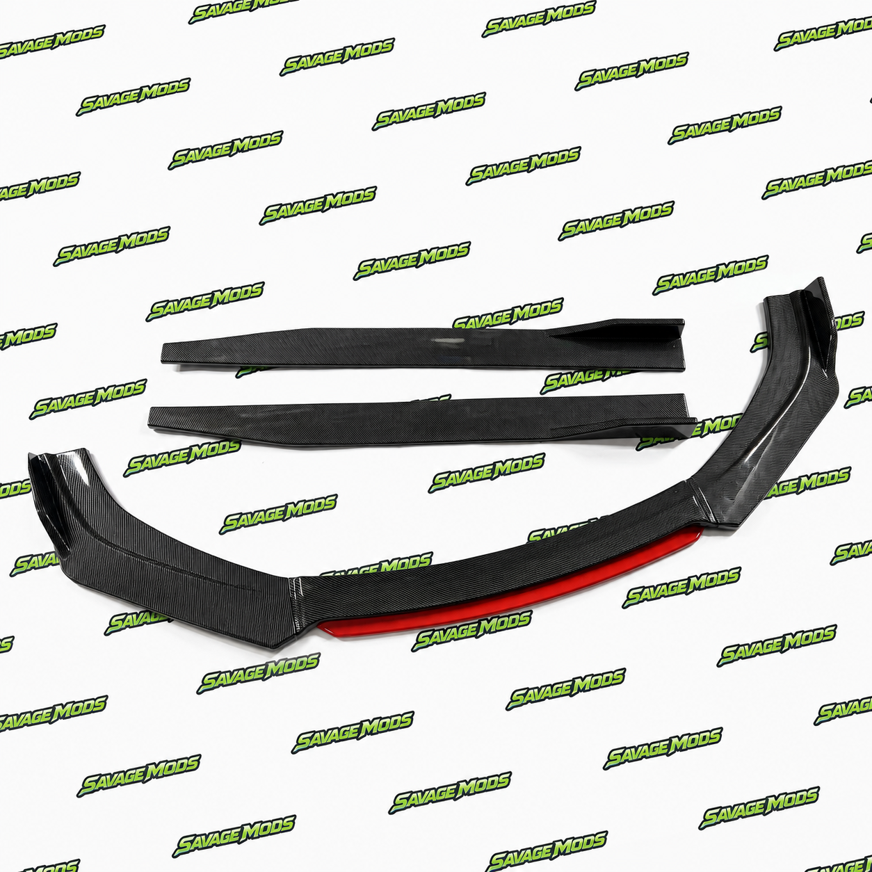 Universal 6 Pc Front & Side Carbon Fibre Splitters with Red Lip | ABS