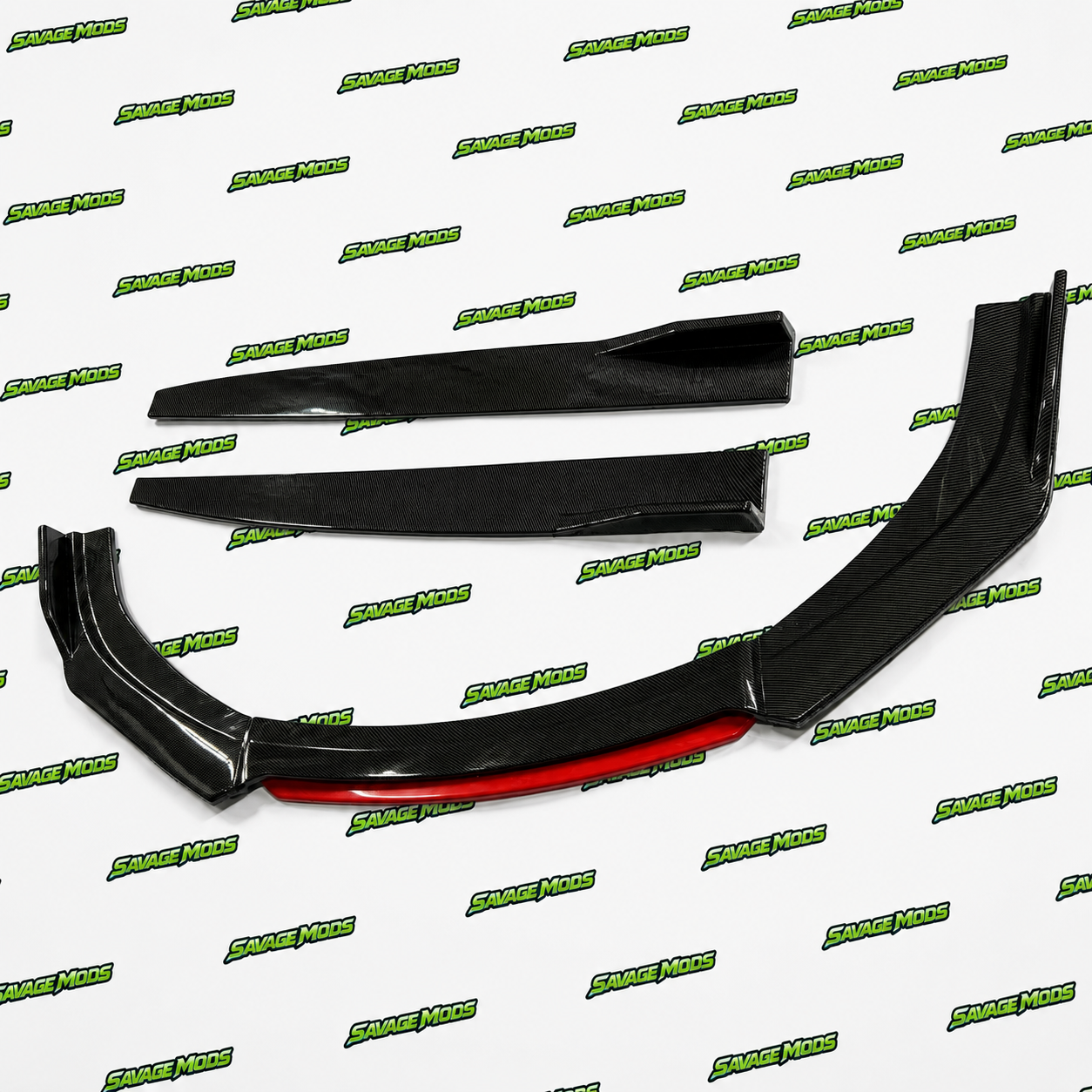Universal 6 Pc Front & Side Carbon Fibre Splitters with Red Lip | ABS